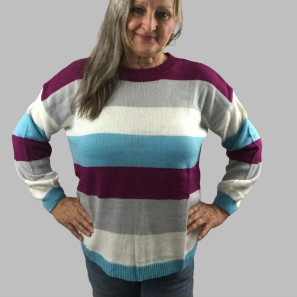 Striped Multicolor Women's Sweater Crewneck Long Sleeve Sweater Top